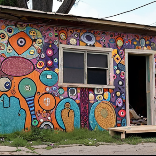 Home 4 **
A community art project in a neighborhood, featuring an installation art piece made from repurposed materials in an abandoned space, telling local stories.
**