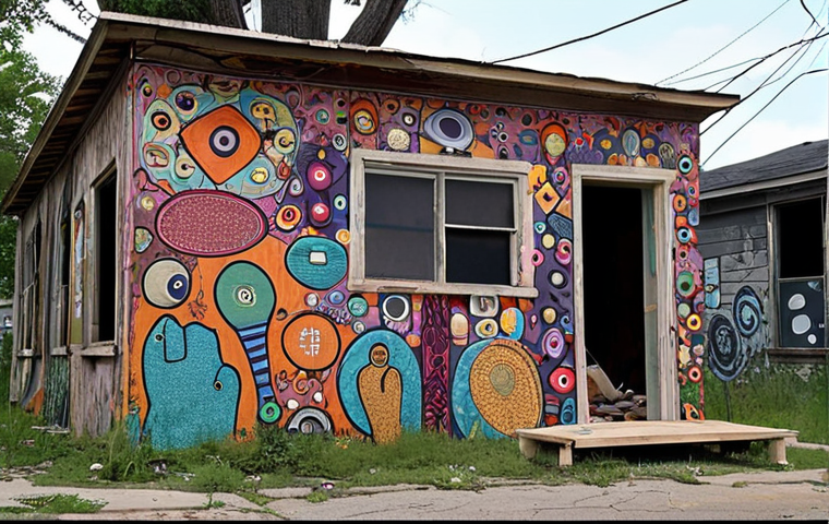 **
A community art project in a neighborhood, featuring an installation art piece made from repurposed materials in an abandoned space, telling local stories.
**