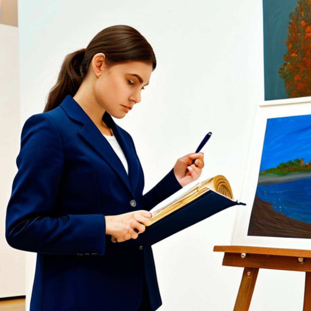 Independent Curator in Action**
"A determined, fully clothed independent curator in a modest blazer and professional attire, reviewing artwork in a brightly lit, modern art gallery. The curator is holding a notebook and pen, studying a painting with a thoughtful expression, perfect anatomy, correct proportions, natural pose, well-formed hands, proper finger count, natural body proportions, safe for work, appropriate content, professional, family-friendly."
**