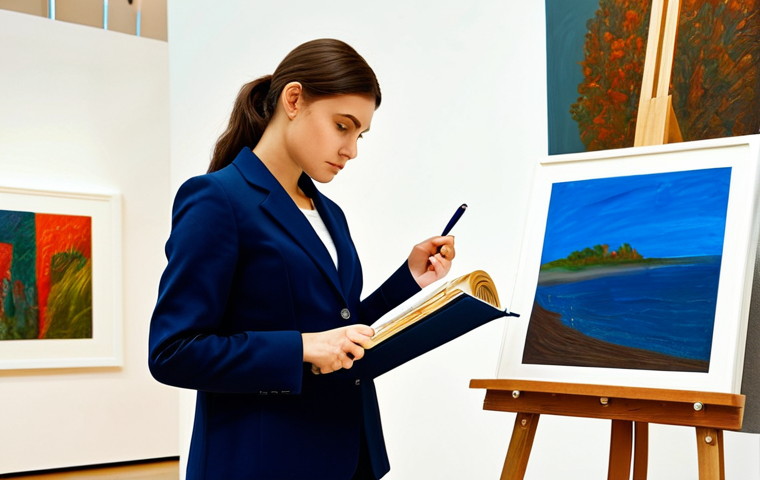 Independent Curator in Action**
"A determined, fully clothed independent curator in a modest blazer and professional attire, reviewing artwork in a brightly lit, modern art gallery. The curator is holding a notebook and pen, studying a painting with a thoughtful expression, perfect anatomy, correct proportions, natural pose, well-formed hands, proper finger count, natural body proportions, safe for work, appropriate content, professional, family-friendly."
**