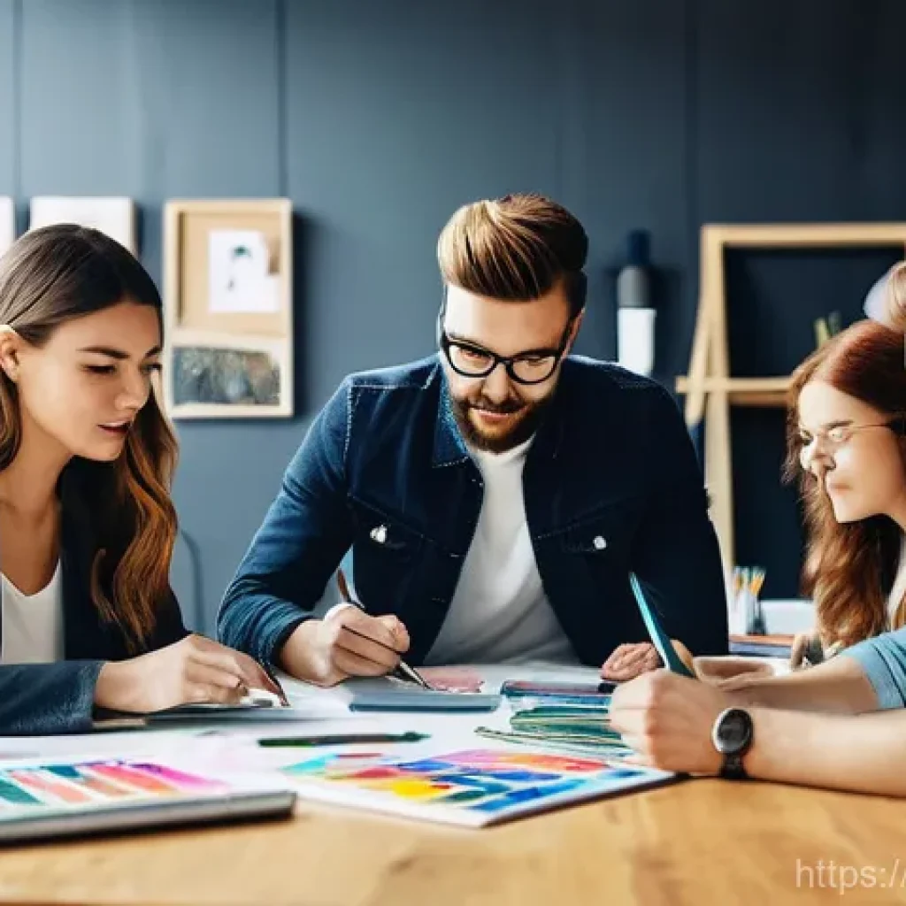 미술문화기획사의 개인 브랜드 구축 전략 - **A creative agency's vibrant brainstorming session.** A diverse group of young, stylish professiona...