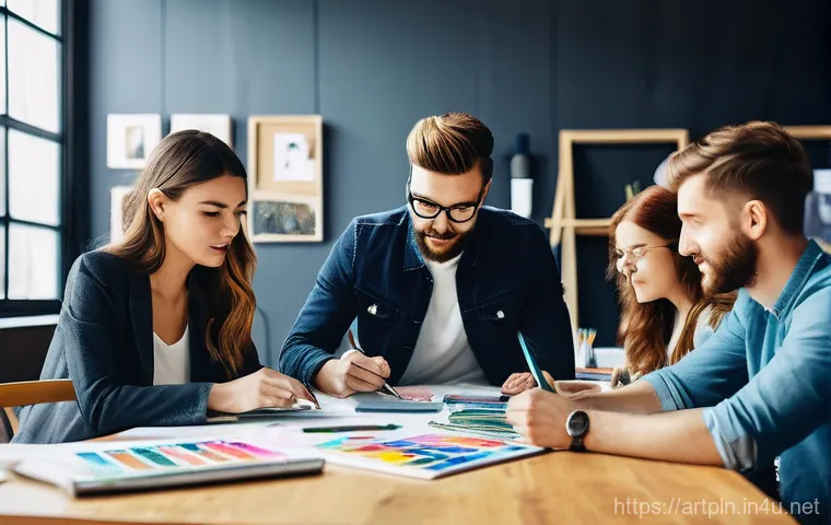 미술문화기획사의 개인 브랜드 구축 전략 - **A creative agency's vibrant brainstorming session.** A diverse group of young, stylish professiona...