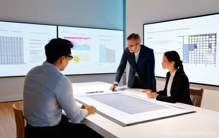 미술문화기획사 자격시험 중점 과목 분석 - **Prompt:** A diverse group of 3-4 professional art managers (both men and women, dressed in smart c...