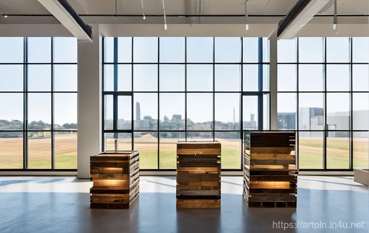 미술문화기획사의 지속 가능한 전시 기획 사례 - A contemporary art exhibition hall bathed in soft, natural light filtering through large windows. Th...