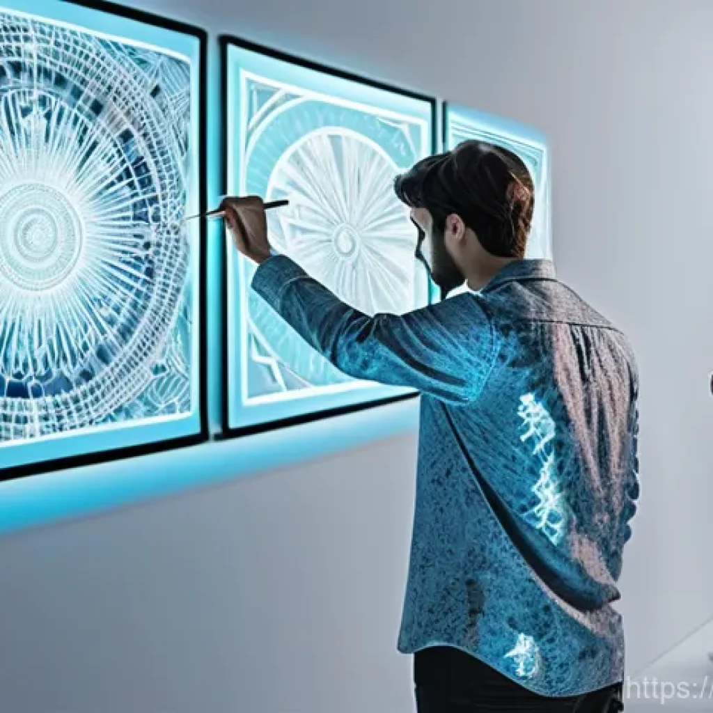 미술문화기획사와 예술가 간의 소통 사례 - **Prompt 1: The AI-Human Art Studio**
A futuristic art studio bathed in soft, ethereal light. In...