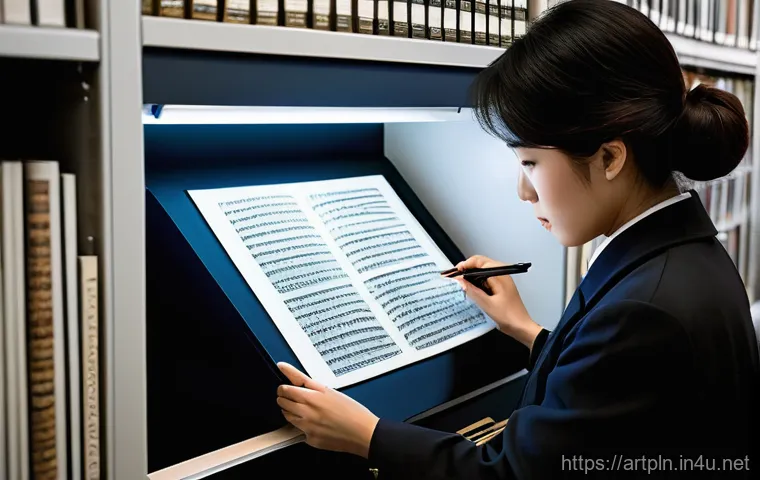 미술문화기획사의 주요 업무의 디지털화 - **Prompt:** A professional art archivist, mid-shot, diligently scanning a beautifully preserved anti...