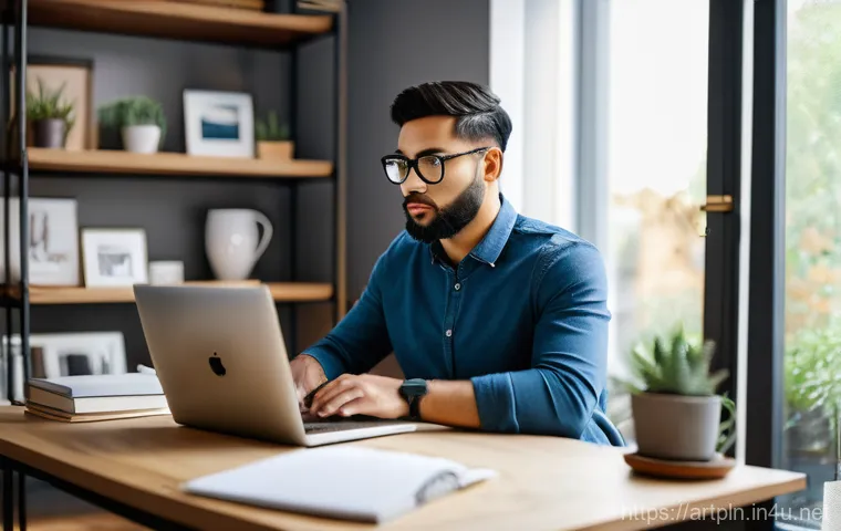 미술문화기획사의 자격증 시험 신청 절차 - A focused and diverse professional individual, casually dressed in smart-casual attire, sitting comf...