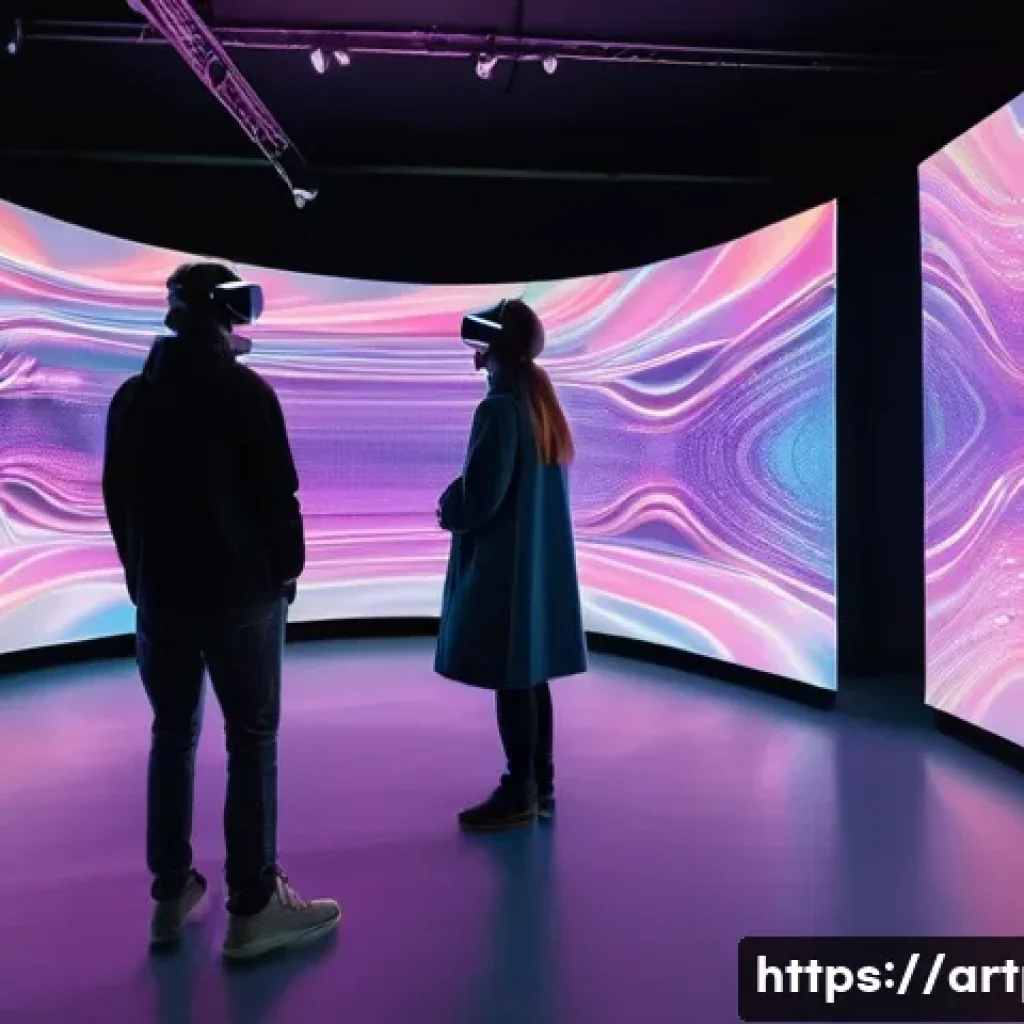 미술문화기획사의 자격 시험 주제 예측 - **Immersive Digital Art Experience in a Futuristic Gallery:** A modern, spacious art gallery bathed ...