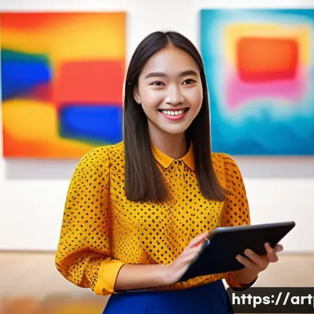 미술문화기획사의 직업적 만족도를 높이는 방법 - **Prompt:** A young woman with a bright, joyful smile stands in a modern art gallery, surrounded by ...