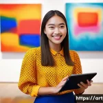 미술문화기획사의 직업적 만족도를 높이는 방법 - **Prompt:** A young woman with a bright, joyful smile stands in a modern art gallery, surrounded by ...