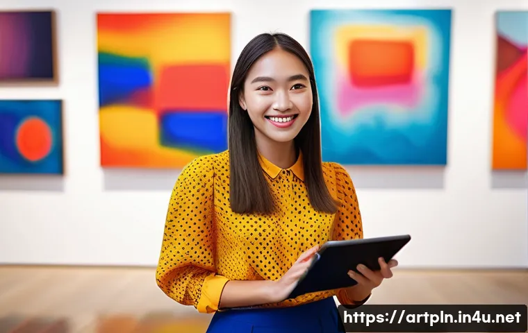미술문화기획사의 직업적 만족도를 높이는 방법 - **Prompt:** A young woman with a bright, joyful smile stands in a modern art gallery, surrounded by ...