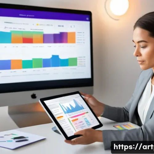 Home 30 미술문화기획사의 주요 직업적 위험 관리 - A focused female creative agency owner, in her late 30s, is meticulously reviewing a detailed digita...