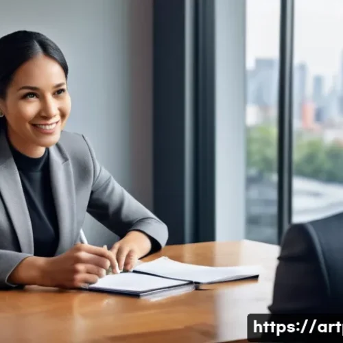 Home 17 미술문화기획사 채용 인터뷰의 FAQ - **Image Prompt 1: Confident Cultural Planner Interview**
A highly detailed, realistic photograph...